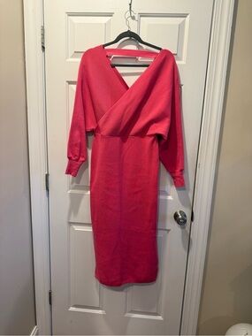Women’s Hot Pink Wrap Midi Dress with Dolman Sleeves
